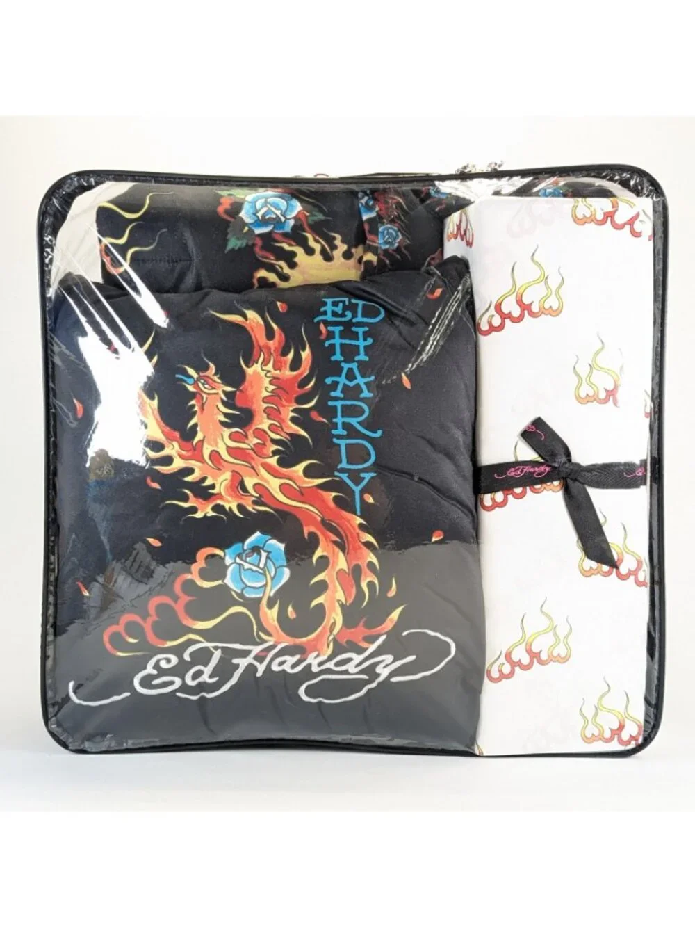 Ed Hardy Queen Comforter Set Shams Pillow Sheets w Black Roses Flames Black